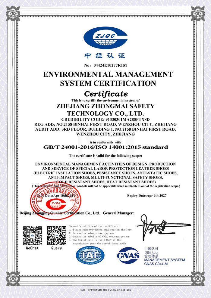 Certificate of environmental management system certification