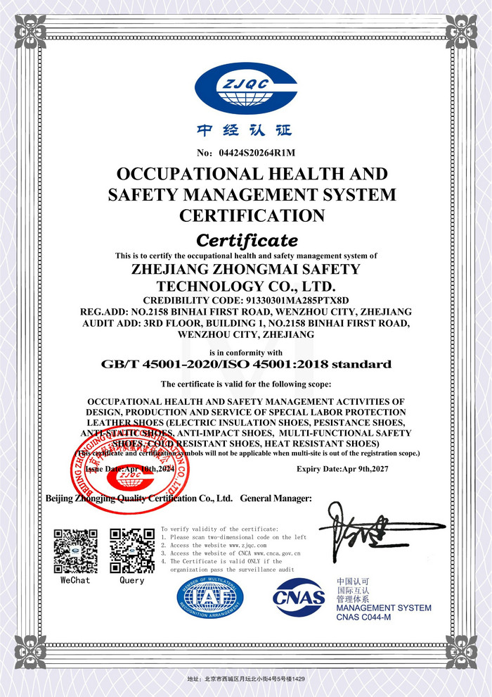 Occupational health and safety management system certification certificate